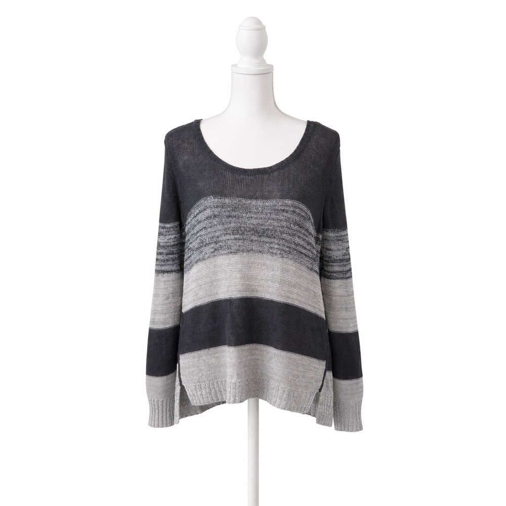 Eileen Fisher Womens XL Organic Linen Striped Open Knit Sweater Grey Lightweight